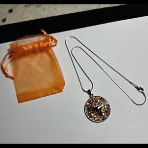 Rhinestone Texas Longhorn Round Pendant Silver Tone Chain Necklace